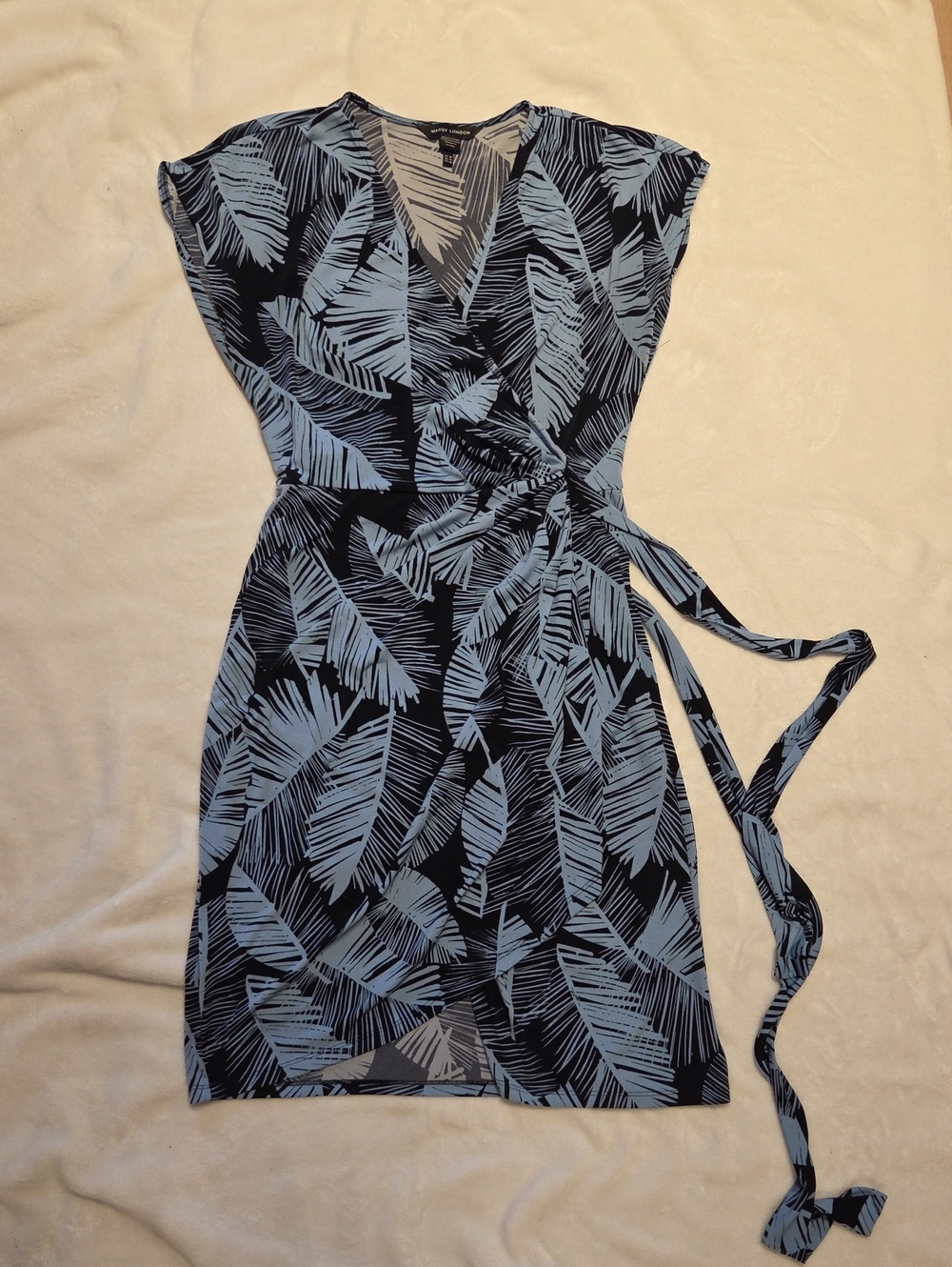 Maggy London Black Wrap Midi Dress with Light Blue Leaf Print